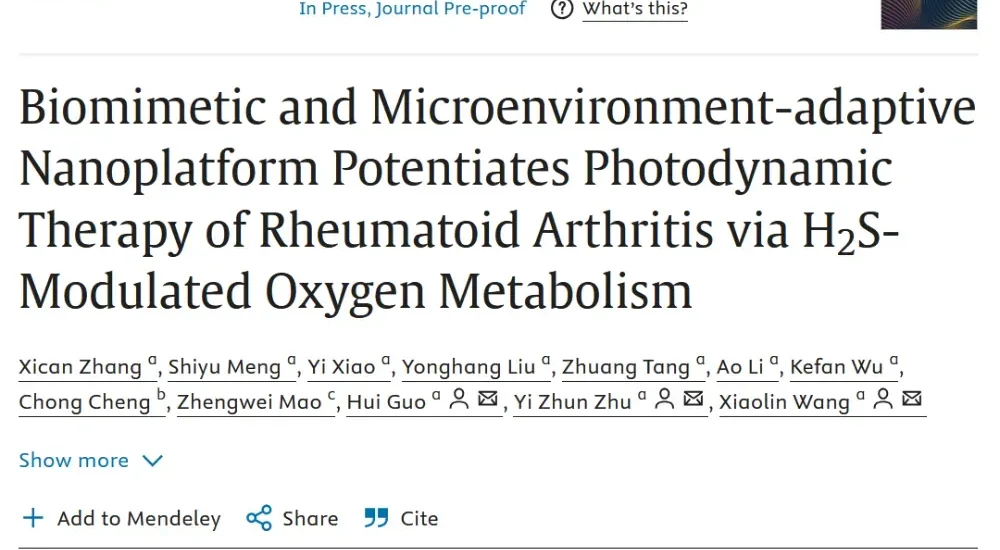 澳科大朱依谆院士/郭辉/王晓琳团队Biomaterials：破解关节乏氧难题，仿生纳米平台赋能类风湿关节炎光动力治疗